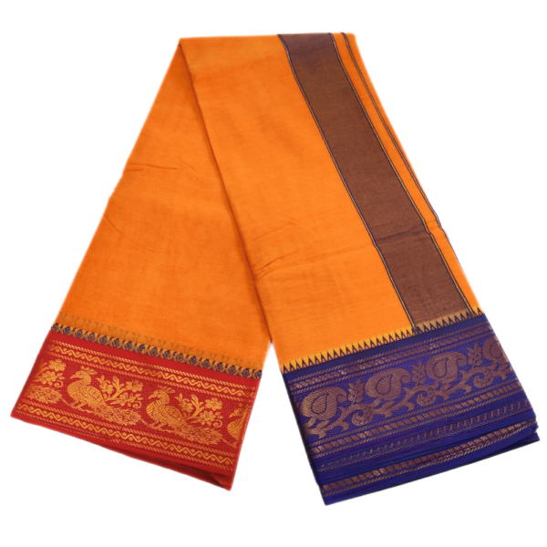 5 Inch Jacquard Dhoti With Towel Set - Golden Yellow - Image 2