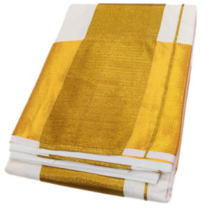 Cotton Half White 7 Inch Golden Zari Border Dhoti Towel Set