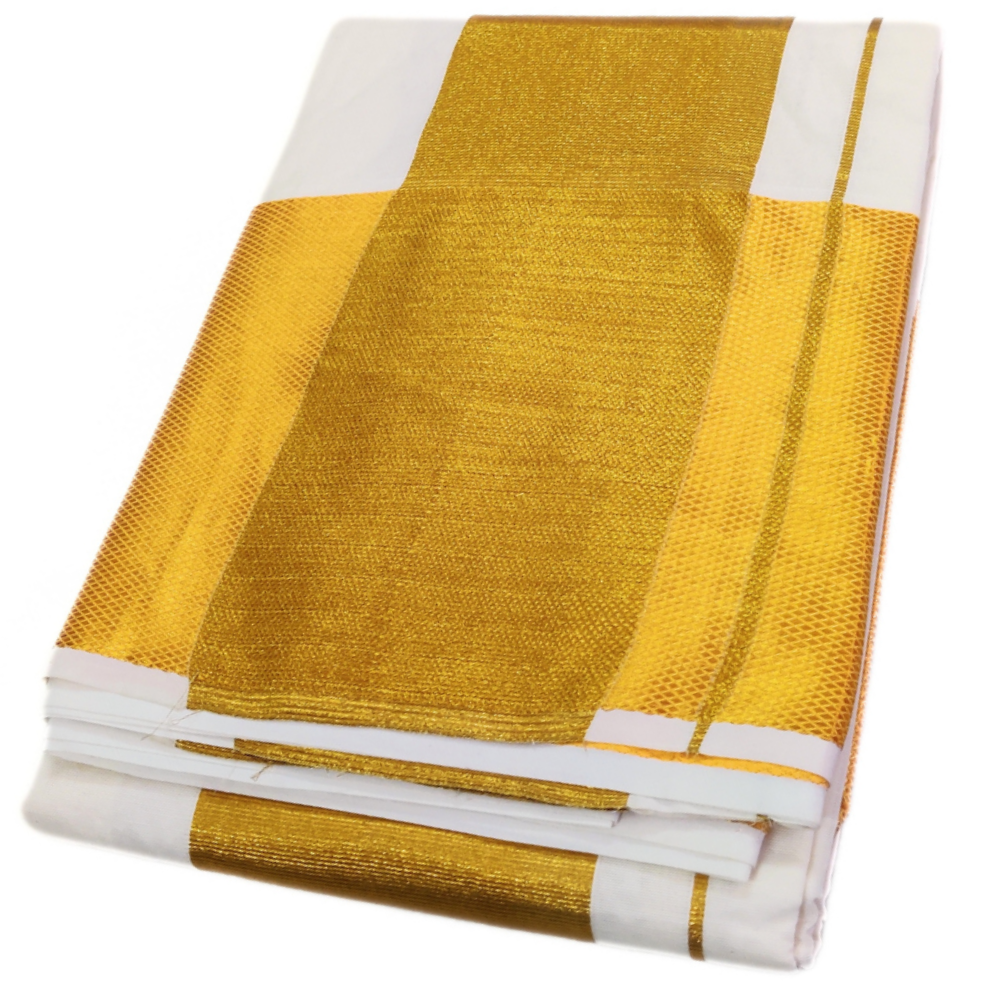 Cotton Half White 7 Inch Golden Zari Border Dhoti Towel Set