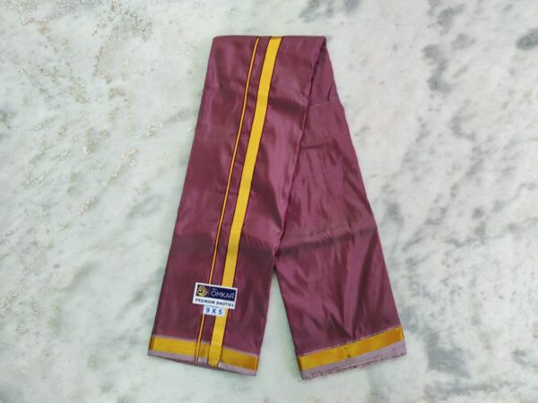 Grape Red Color Art Silk Dhoti With Golden Zari Border - Image 2