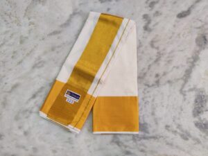Cotton Half White 7 Inch Golden Zari Border Dhoti Towel Set