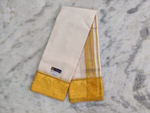 Peacock Design Gold Tissue 7″ Jacquard Off White Dhoti