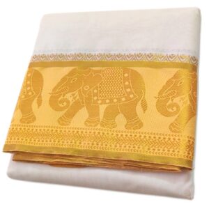 Elephant Design Gold Tissue 7″ Jacquard Off White Dhoti