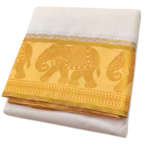 Elephant Design Gold Tissue 7″ Jacquard Off White Dhoti