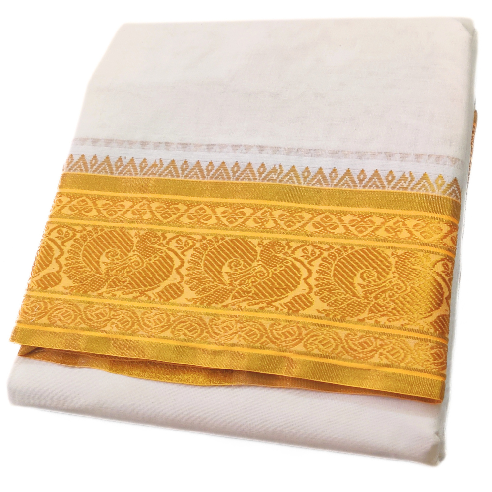 Gold Tissue Jacquard Off White 5 Inch Fancy Border Dhoti
