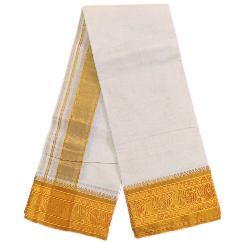 Gold Tissue Jacquard Off White 5 Inch Fancy Border Dhoti