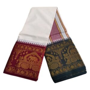 Elephant Designed 10 Inch Border Off White Dhoti Set