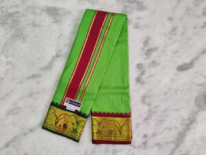 Parrot Green Color Silk Dhoti Towel Set