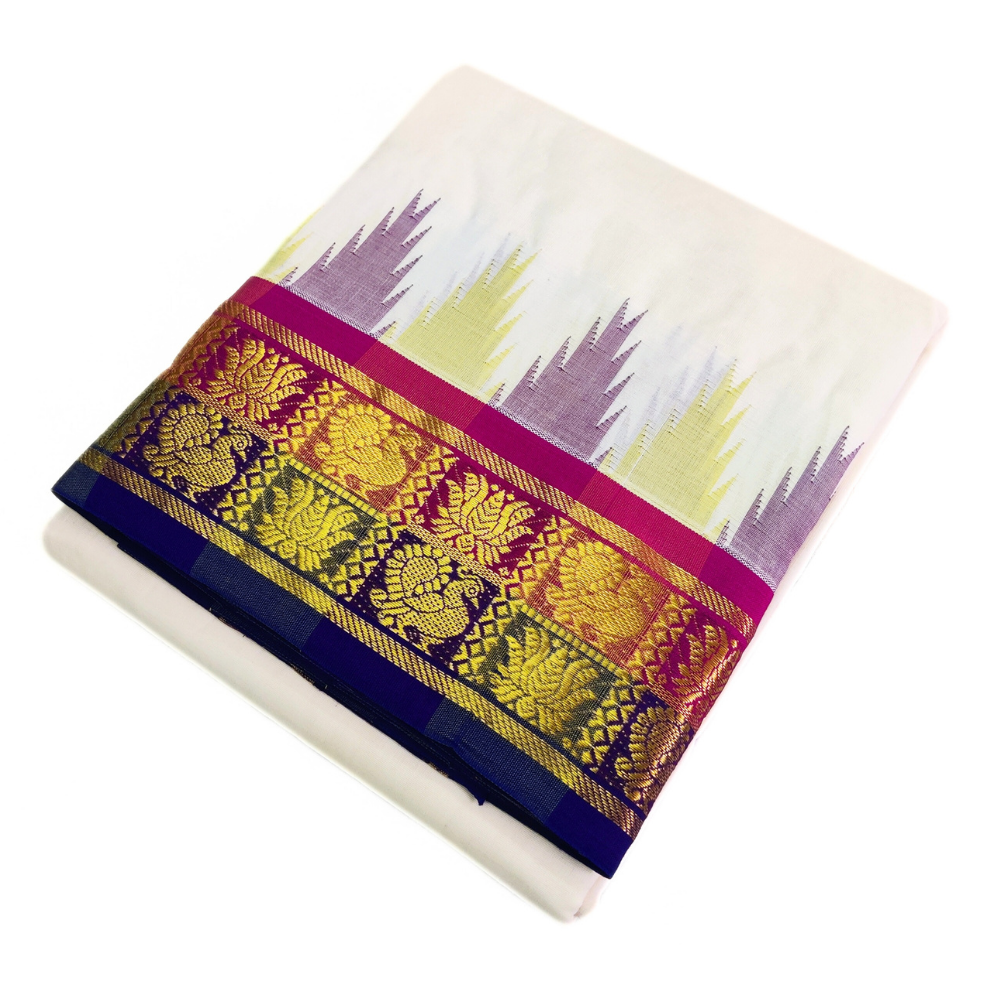 Peacock With Lotus Designed Temple Border Handloom Dhoti