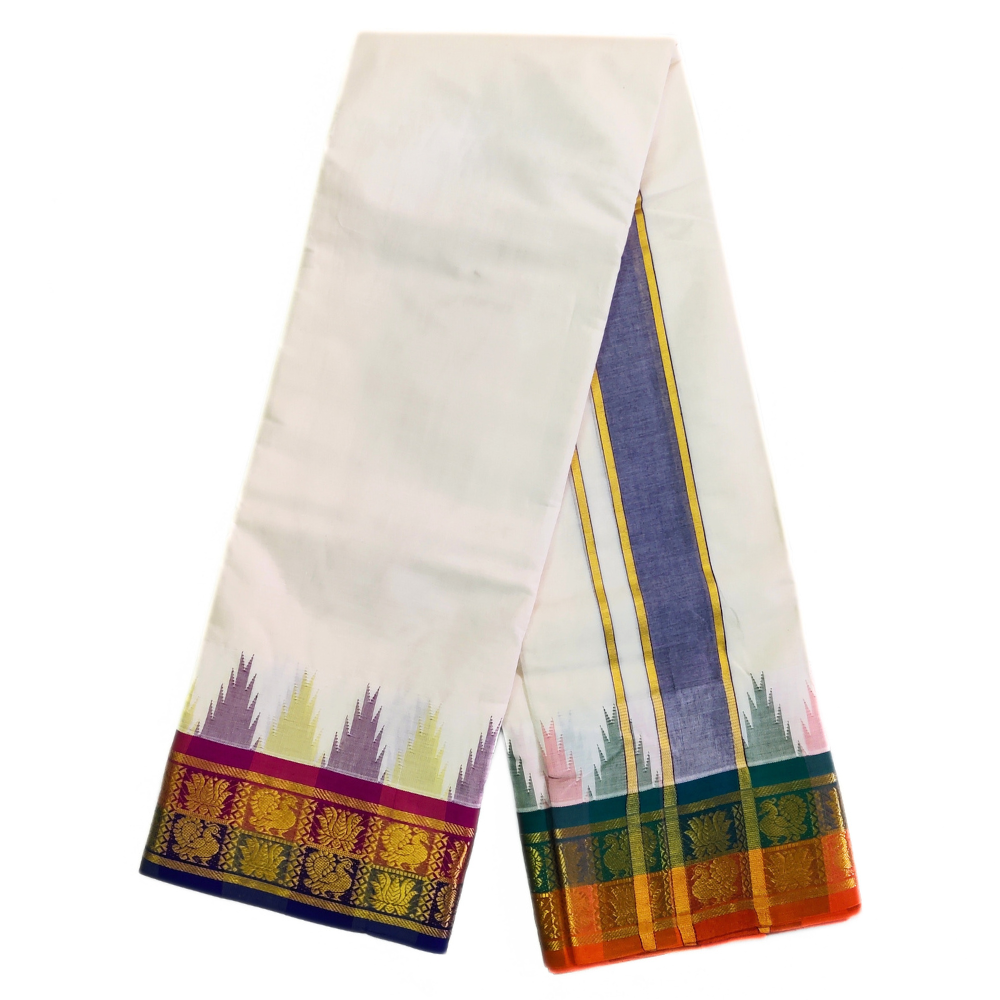 Peacock With Lotus Designed Temple Border Handloom Dhoti