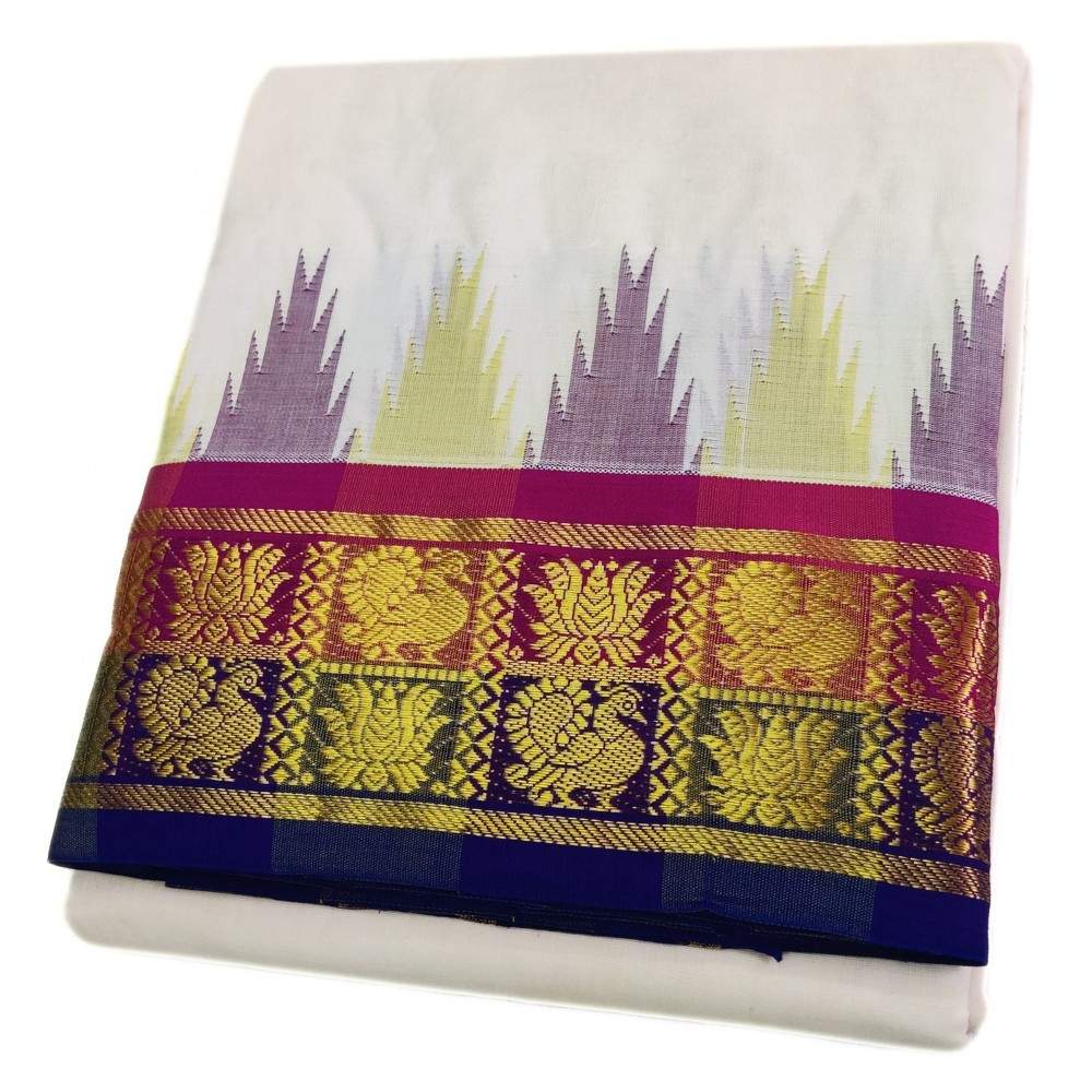 Peacock With Lotus Designed Temple Border Handloom Dhoti
