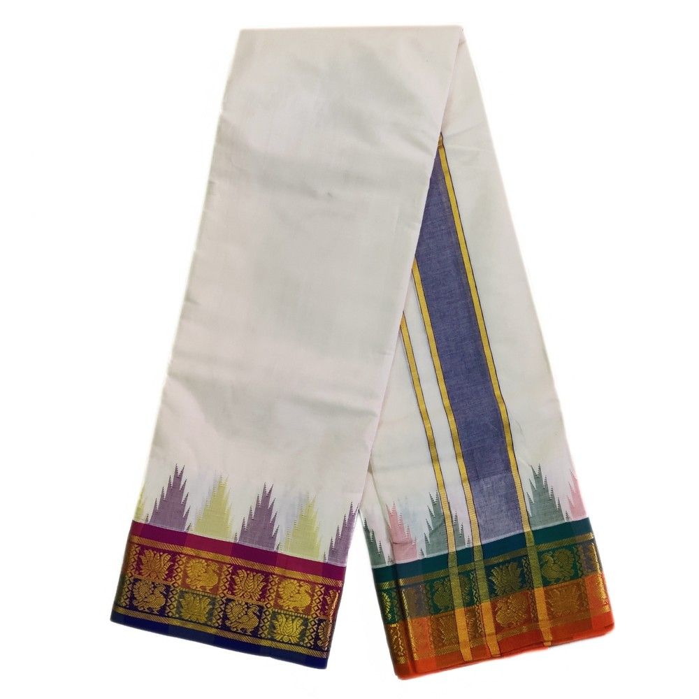 Peacock With Lotus Designed Temple Border Handloom Dhoti - Image 2