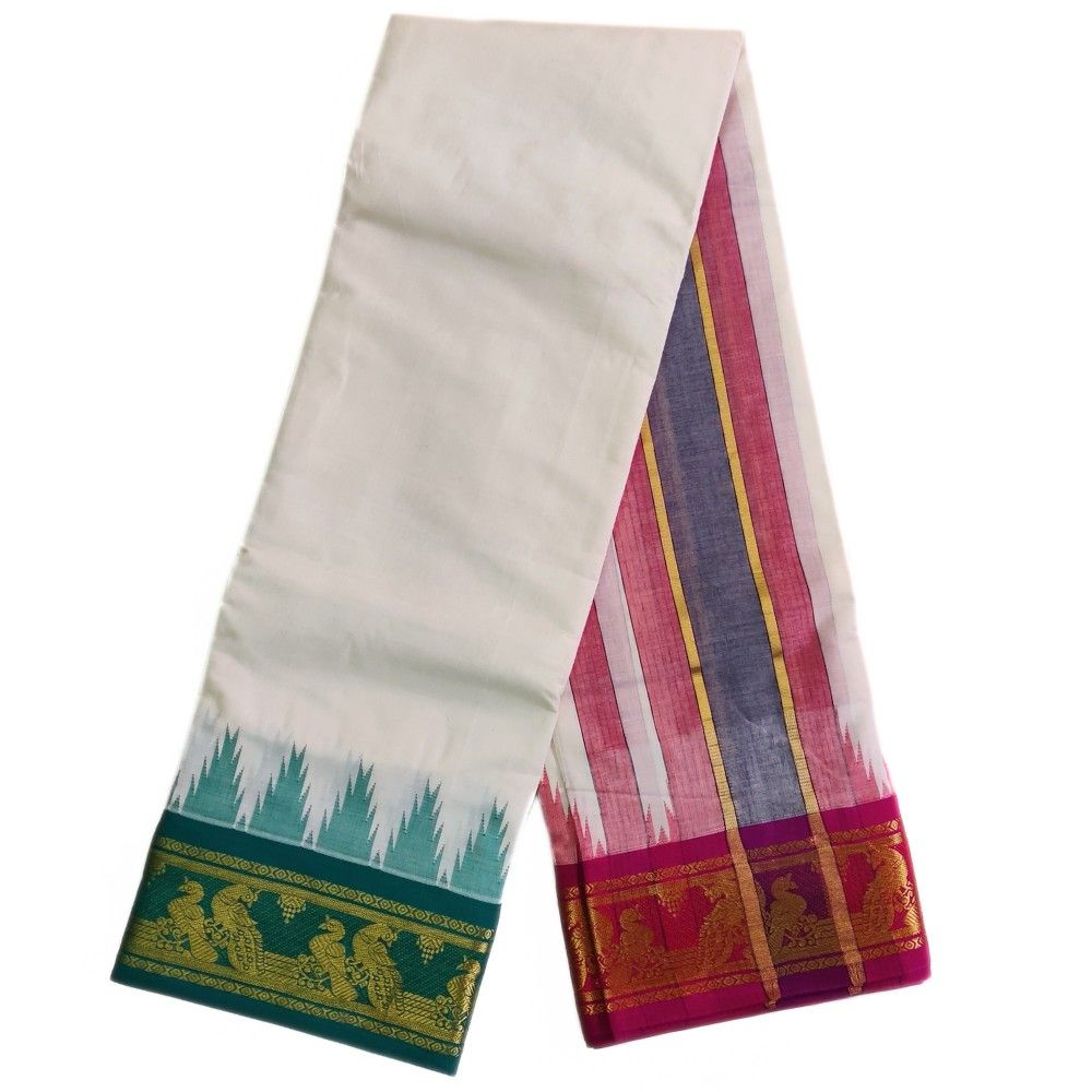 Double Peacock Designed Temple Border Handloom Dhoti - Image 2