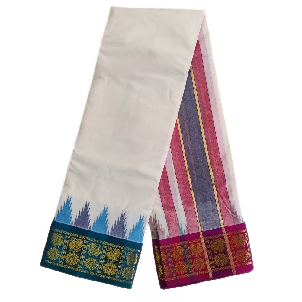Peacock Design Temple Border Cotton Dhoti - Image 2