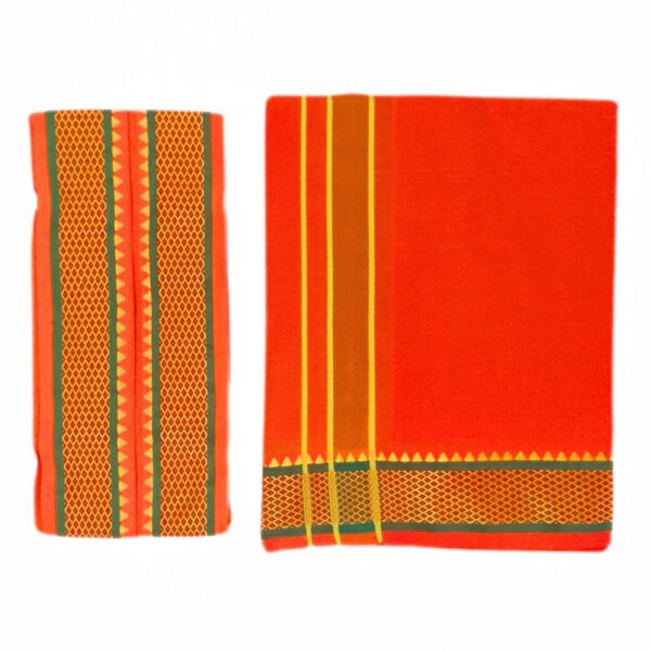 Orange Color Mayilkan Cotton Dhoti/Lungi + Towel Combo