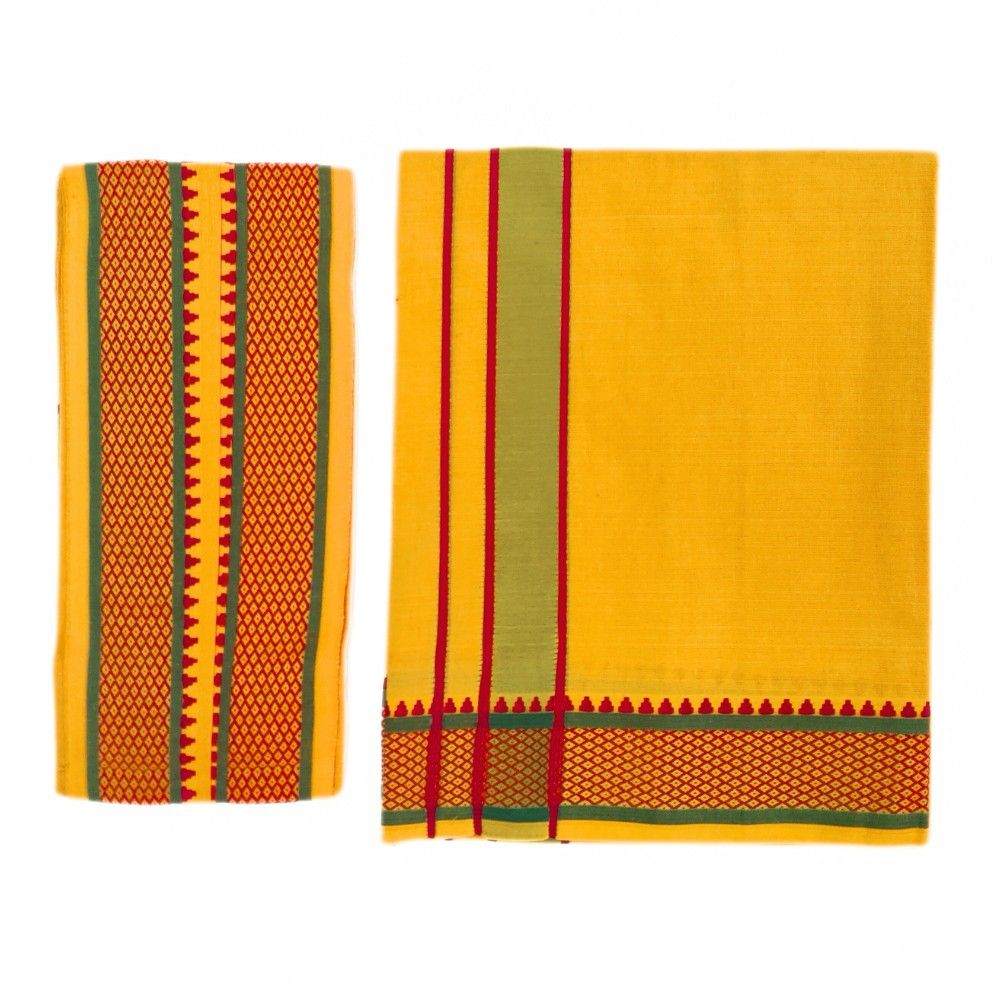 Mango Yellow Color Mayilkan Cotton Dhoti/Lungi + Towel Combo
