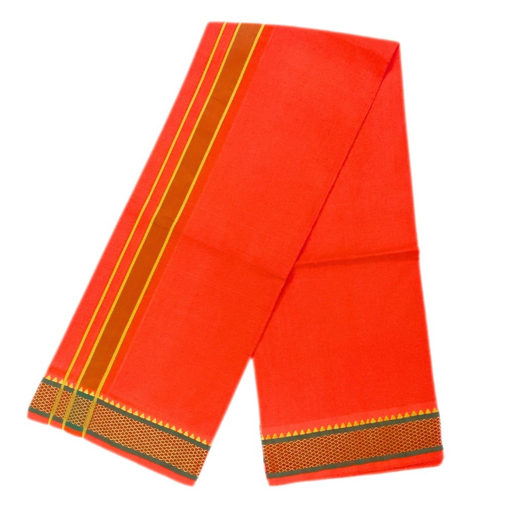 Orange Color Mayilkan Cotton Dhoti/Lungi + Towel Combo - Image 3
