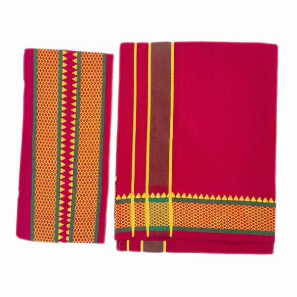 Red Color Mayilkan Cotton Dhoti/Lungi + Towel Combo