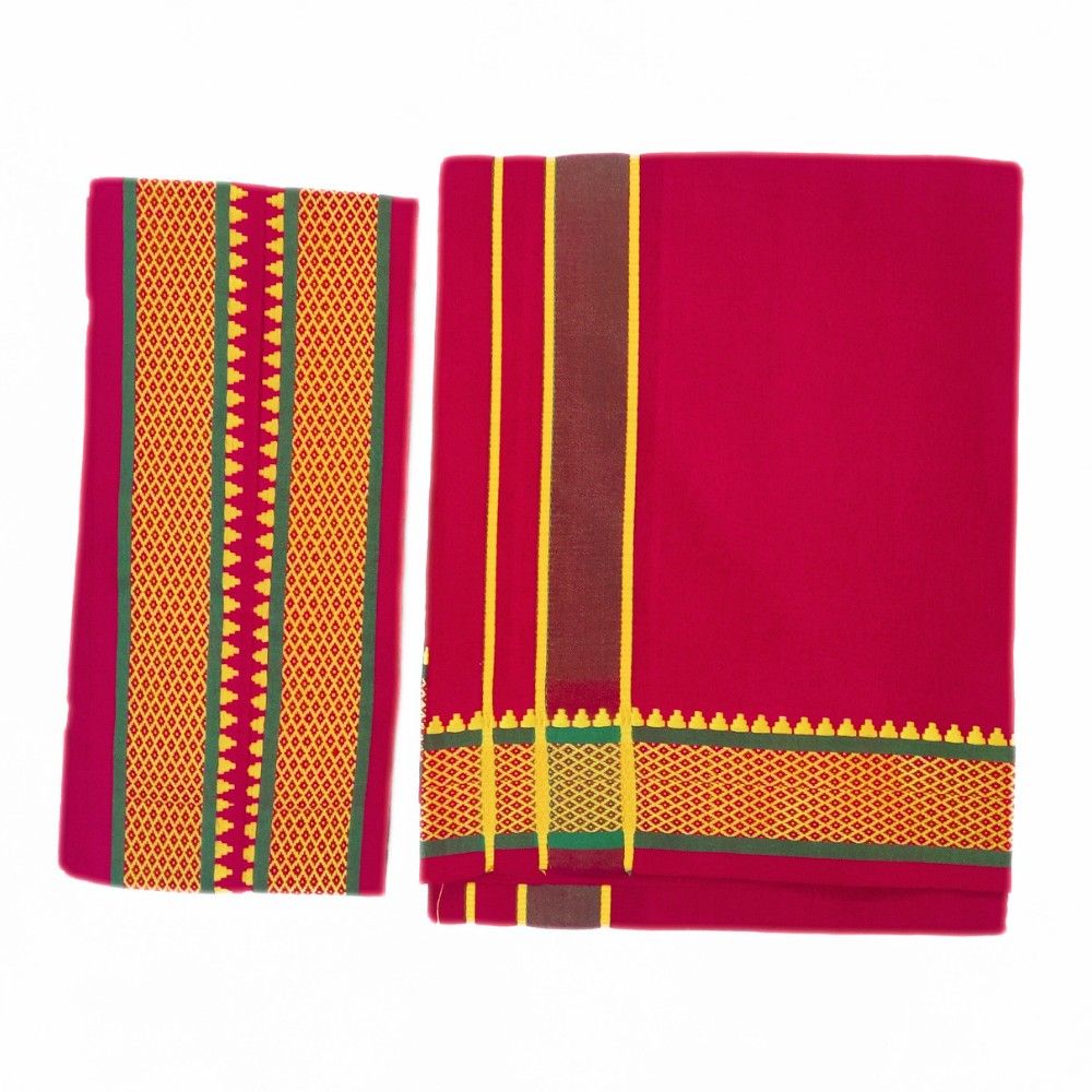 Red Color Mayilkan Cotton Dhoti/Lungi + Towel Combo