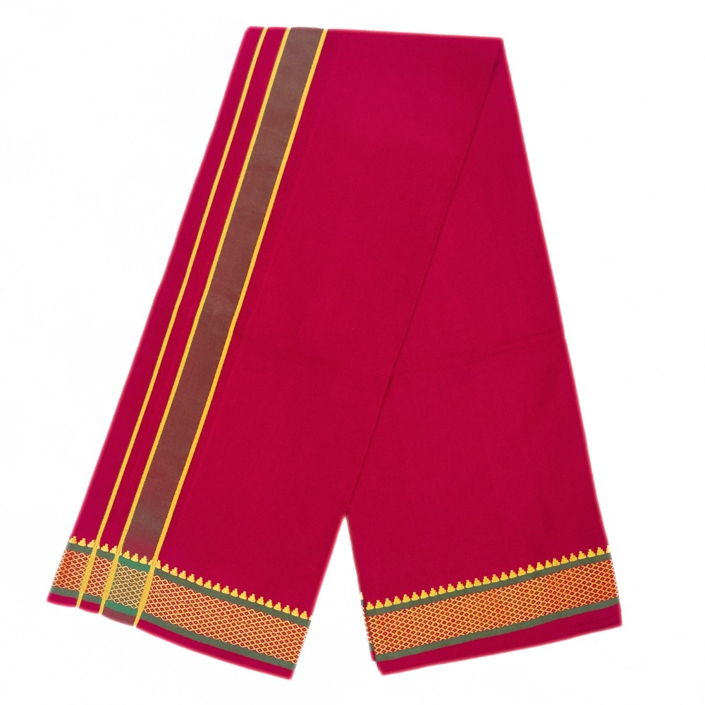 Red Color Mayilkan Cotton Dhoti/Lungi + Towel Combo - Image 3