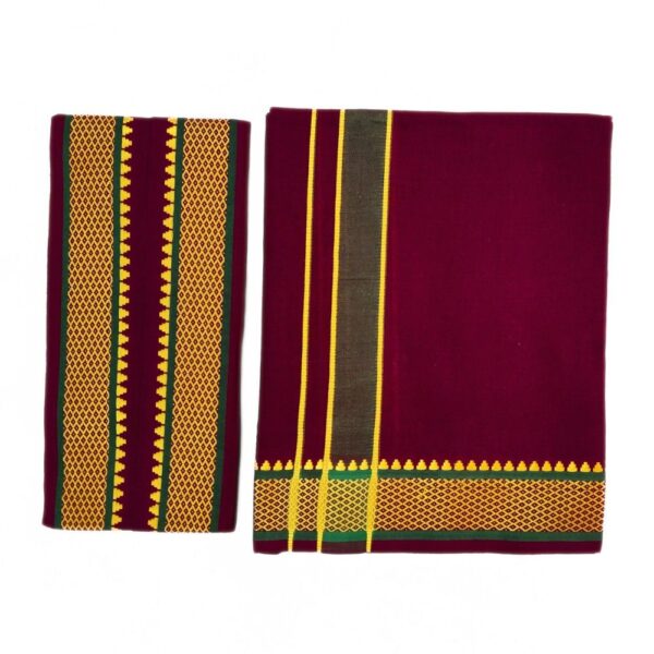 Maroon Color Mayilkan Cotton Dhoti/Lungi + Towel Combo