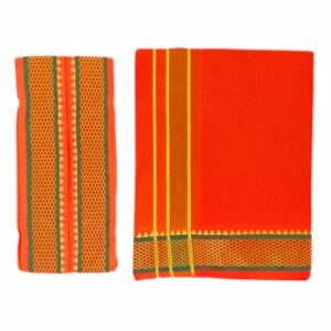 Orange Color Mayilkan Cotton Dhoti/Lungi + Towel Combo