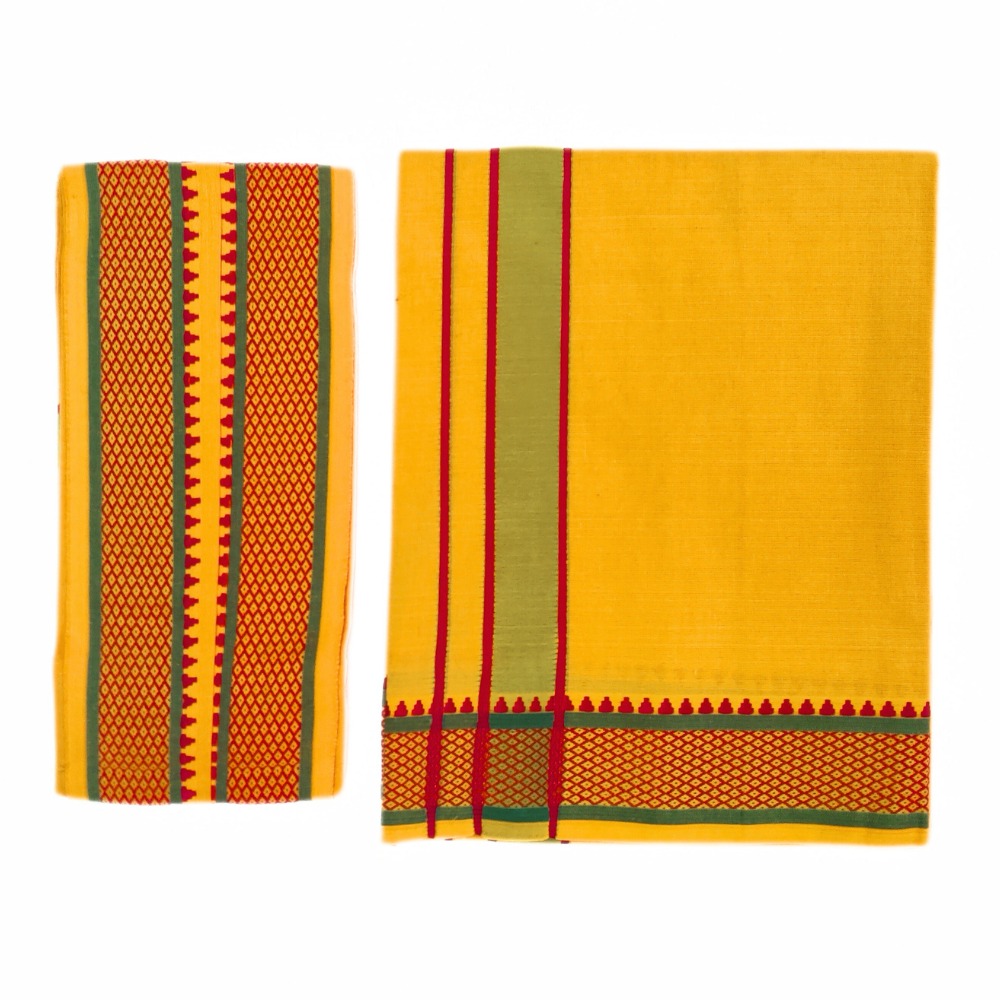 Mango Yellow Color Mayilkan Cotton Dhoti/Lungi + Towel Combo