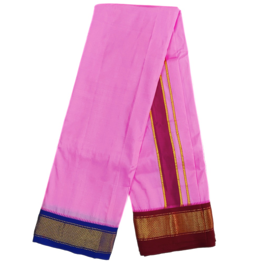 Baby Pink Color Mayilkan Border Pure Silk Dhoti Towel Set