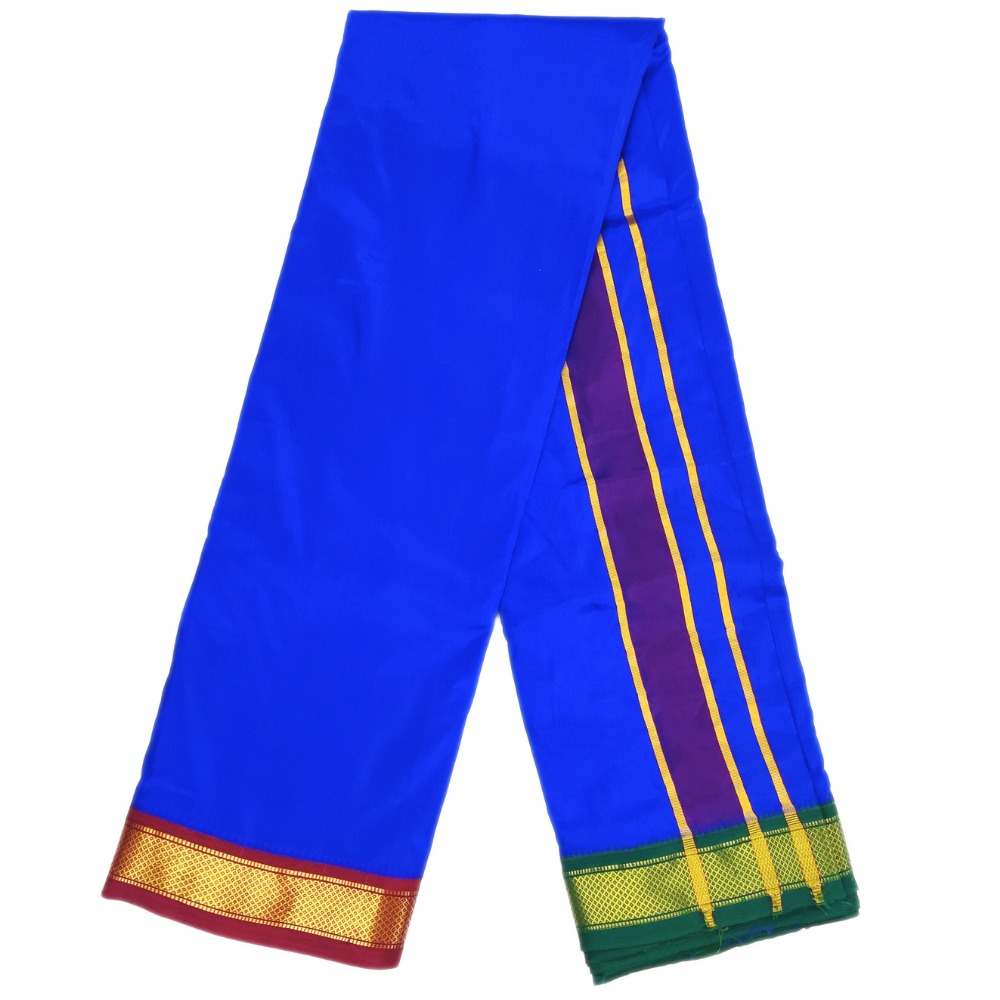 Blue Color Mayilkan Border Pure Silk Dhoti Towel Set
