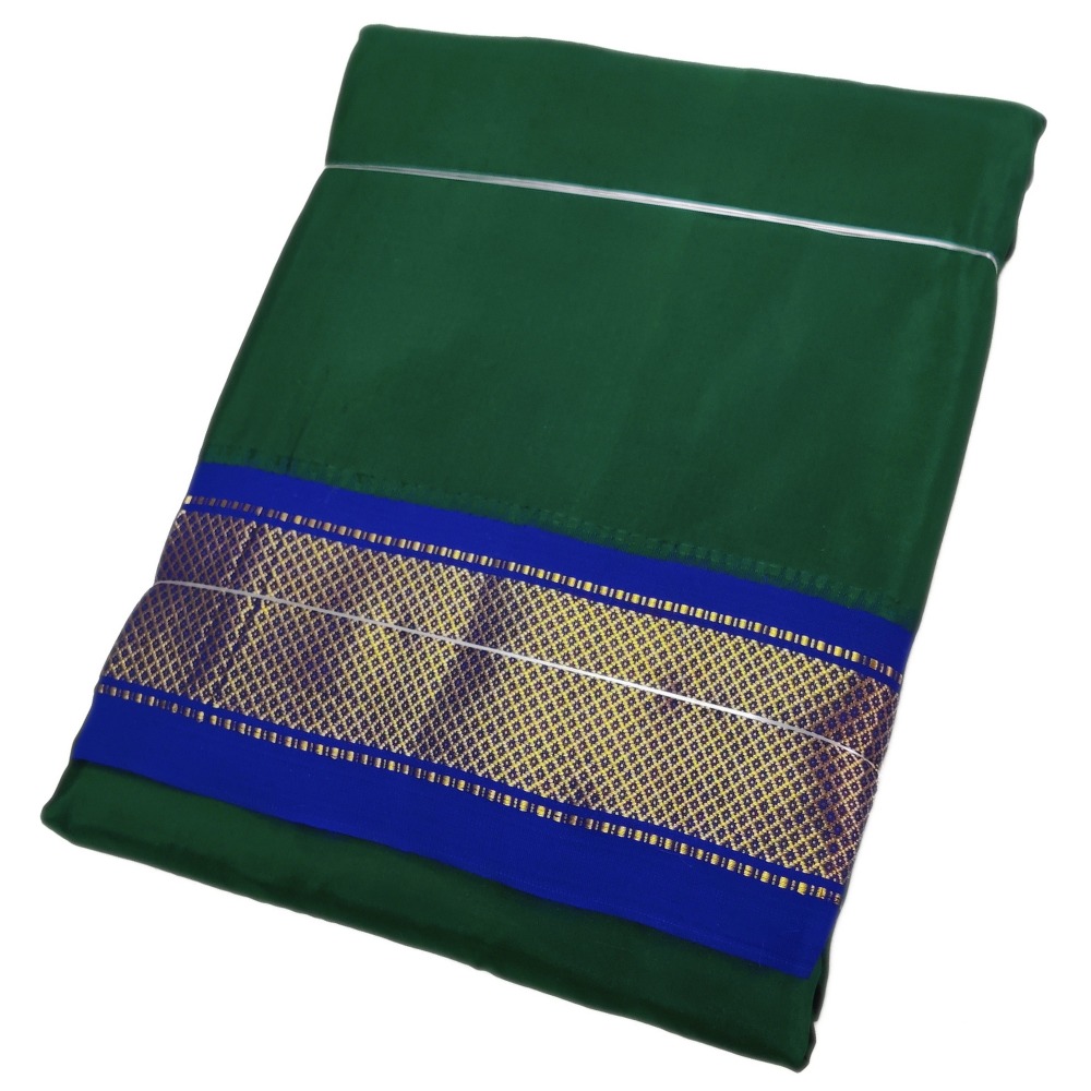 Dark Green Color Mayilkan Border Pure Silk Dhoti Towel Set