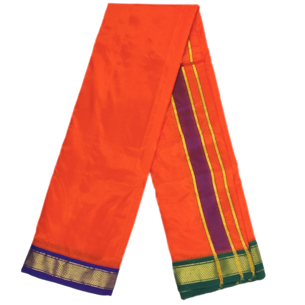 Fanta Orange Color Mayilkan Border Pure Silk Dhoti Towel Set