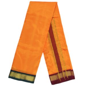 Golden Yellow Color Mayilkan Border Pure Silk Dhoti Towel Set