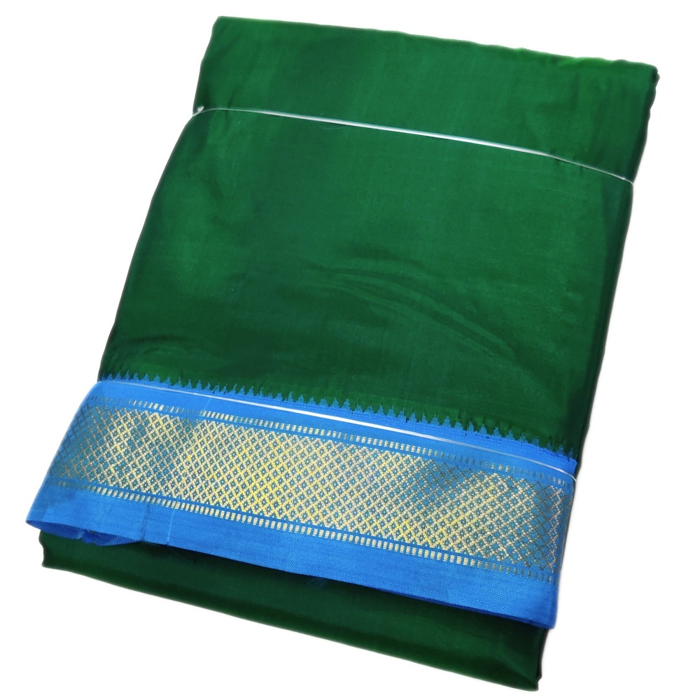 Leaf Green Color Mayilkan Border Pure Silk Dhoti Towel Set