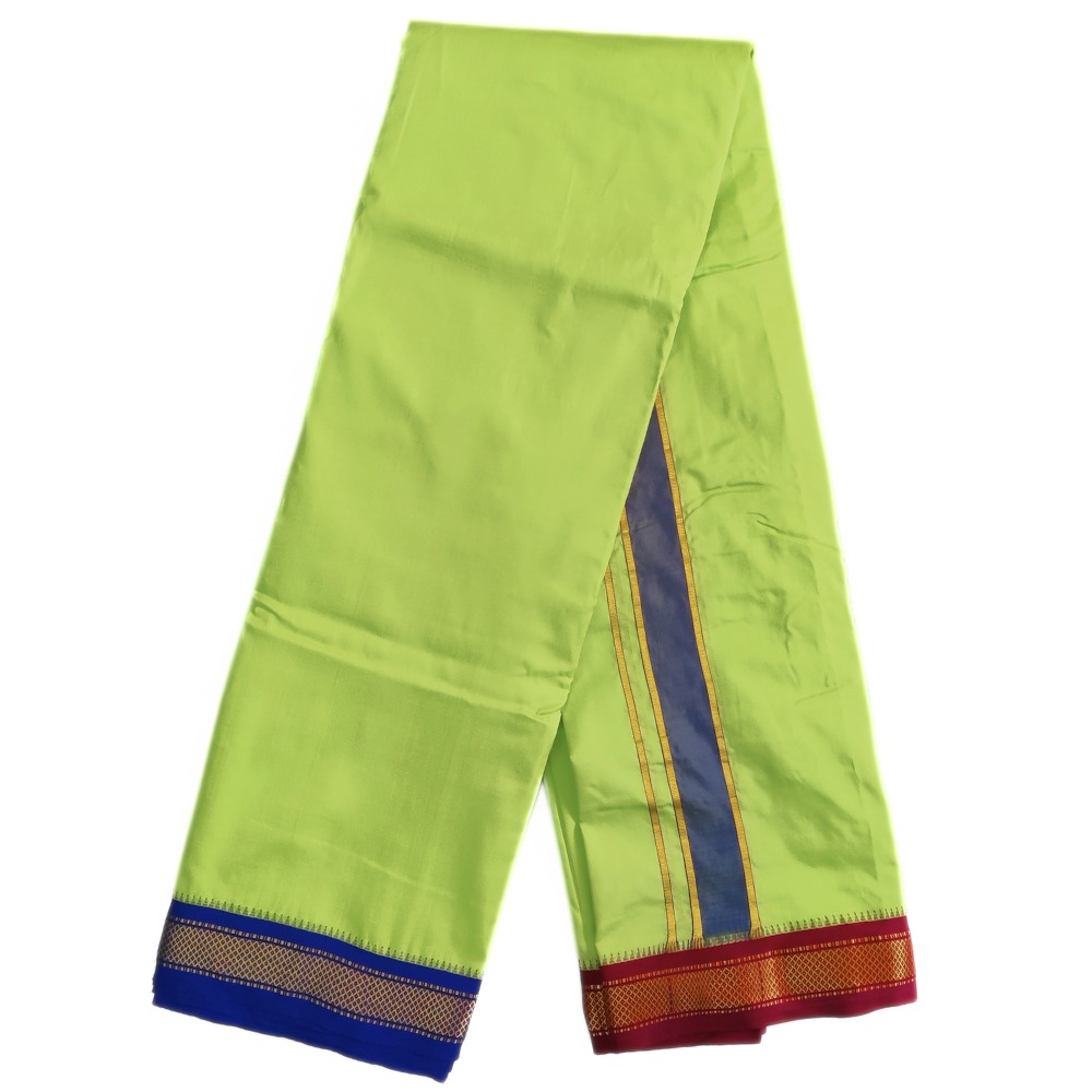 Light Green Color Mayilkan Border Pure Silk Dhoti Towel Set