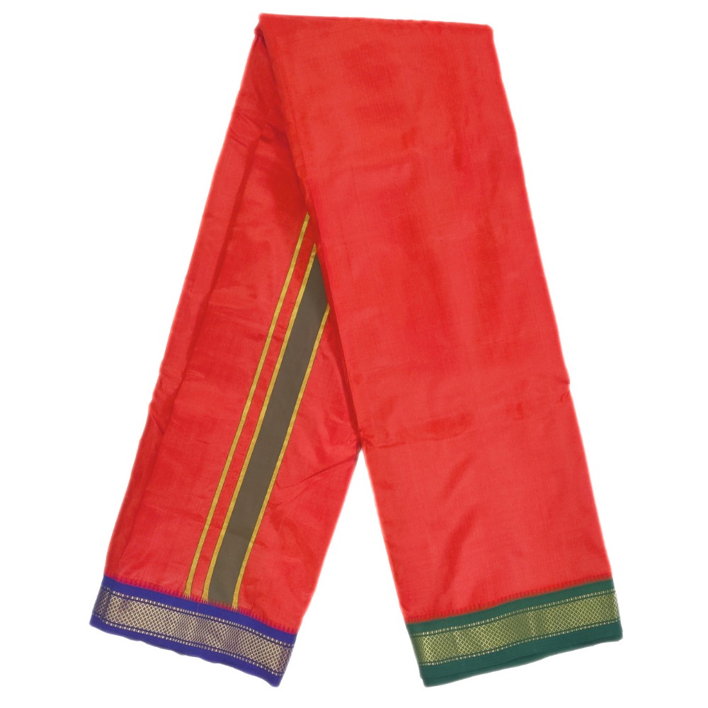 Red Color Mayilkan Border Pure Silk Dhoti Towel Set