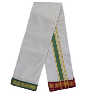 Silver Grey Color Mayilkan Border Pure Silk Dhoti Towel Set