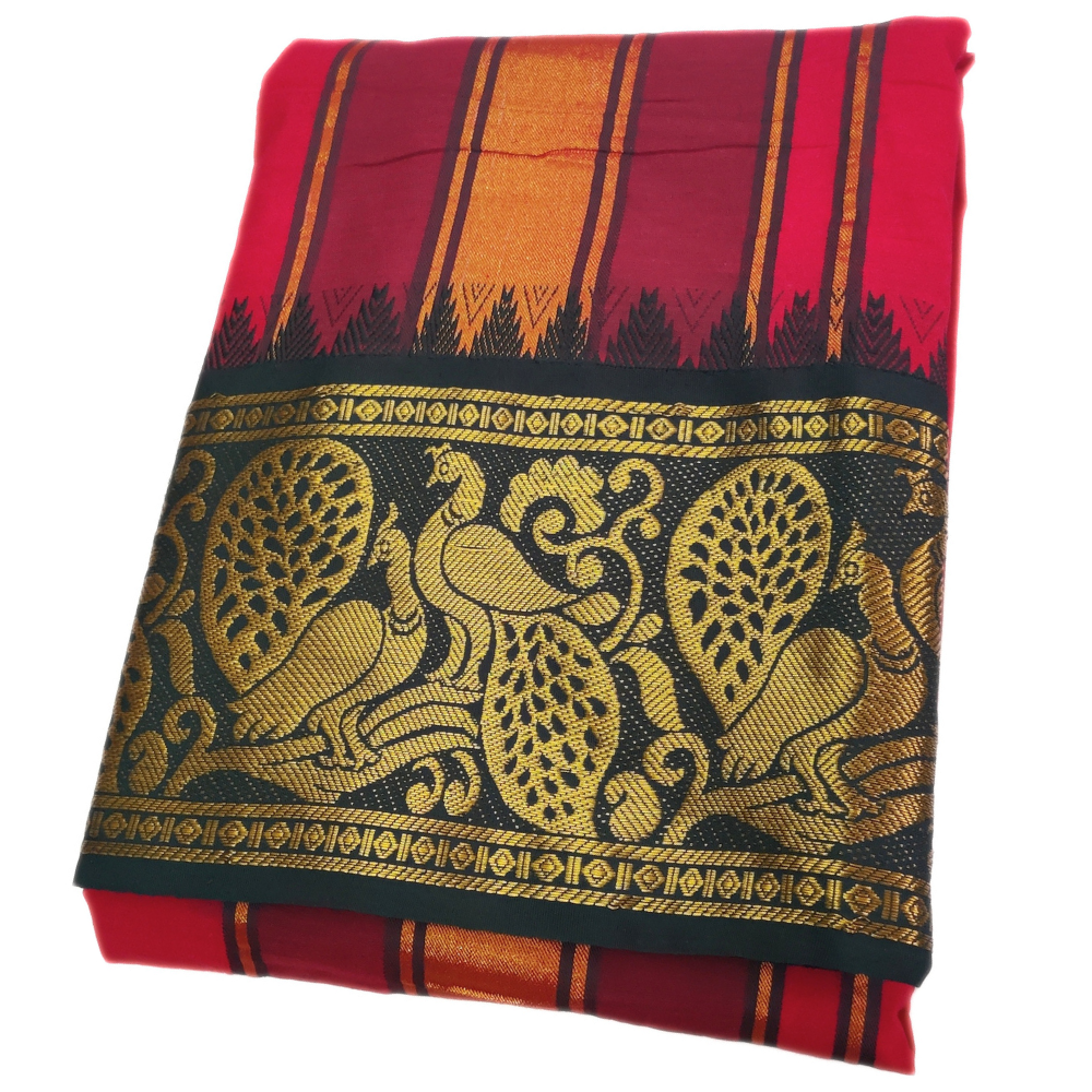Red Color Double Peacock Designed Jacquard Dhoti