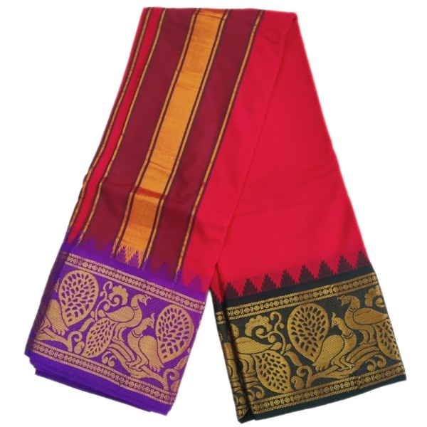 Red Color Double Peacock Designed Jacquard Dhoti - Image 2