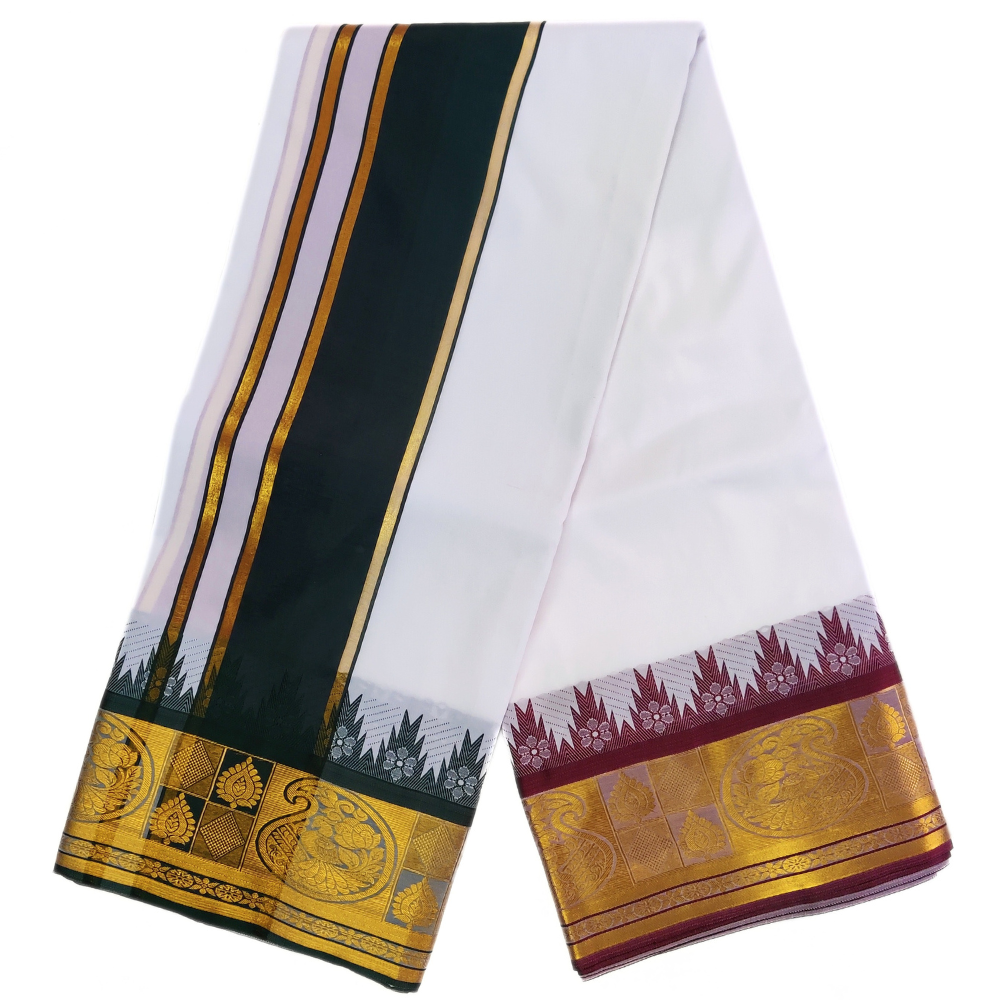 White Color Premium Karishma Soft Silk 7 Inch Border Dhoti