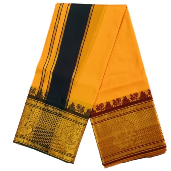 Mango Yellow Color Premium Karishma Soft Silk 9 Inch Border Dhoti - Image 2