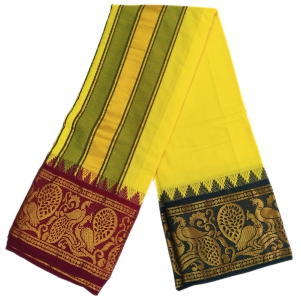 Lemon Yellow Color Double Peacock Jacquard Dhoti - Image 2