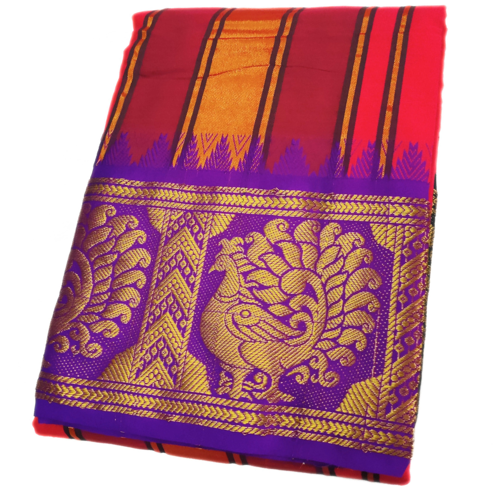 Tomato Red Color Peacock Designed Jacquard Dhoti