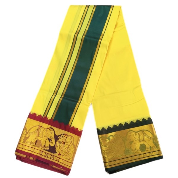 Lemon yellow Color Premium Karishma Soft Silk 6 Inch Border Dhoti - Image 2
