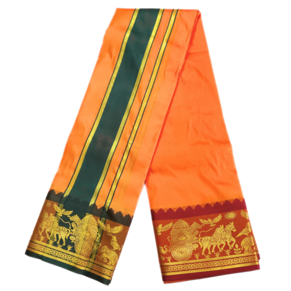 Orange Color Premium Karishma Soft Silk 6 Inch Border Dhoti - Image 2