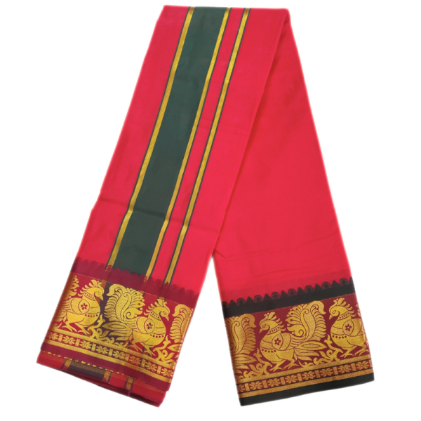 Red Color Premium Karishma Soft Silk 6 Inch Border Dhoti - Image 2