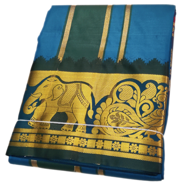 Peacock Blue Premium Karishma Soft Silk 6 Inch Border Dhoti