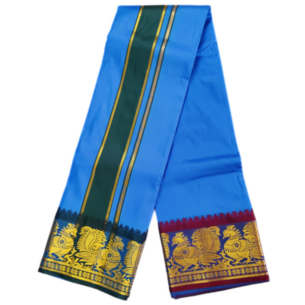 Sky Blue Color Premium Karishma Soft Silk 6 Inch Border Dhoti - Image 2