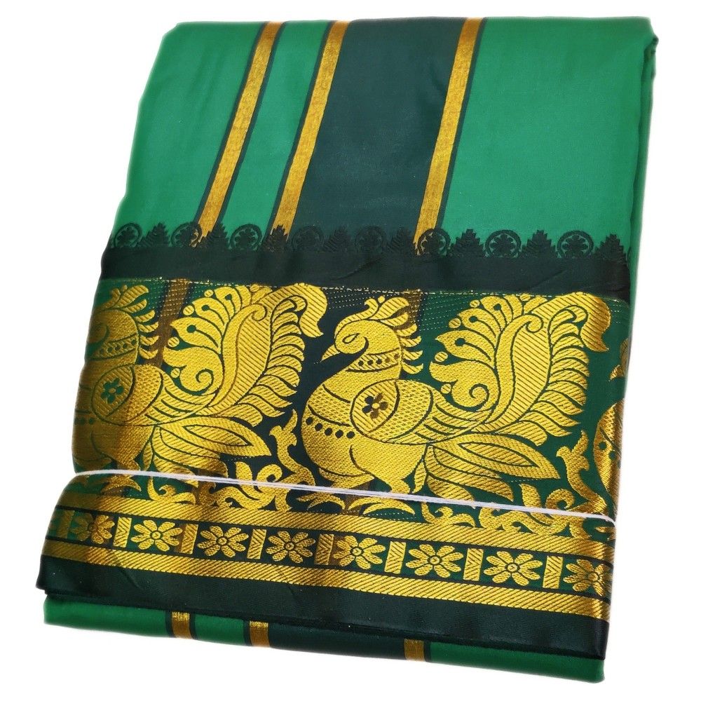 Green Color Premium Karishma Soft Silk 6 Inch Border Dhoti