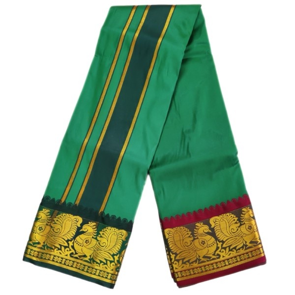 Green Color Premium Karishma Soft Silk 6 Inch Border Dhoti - Image 2