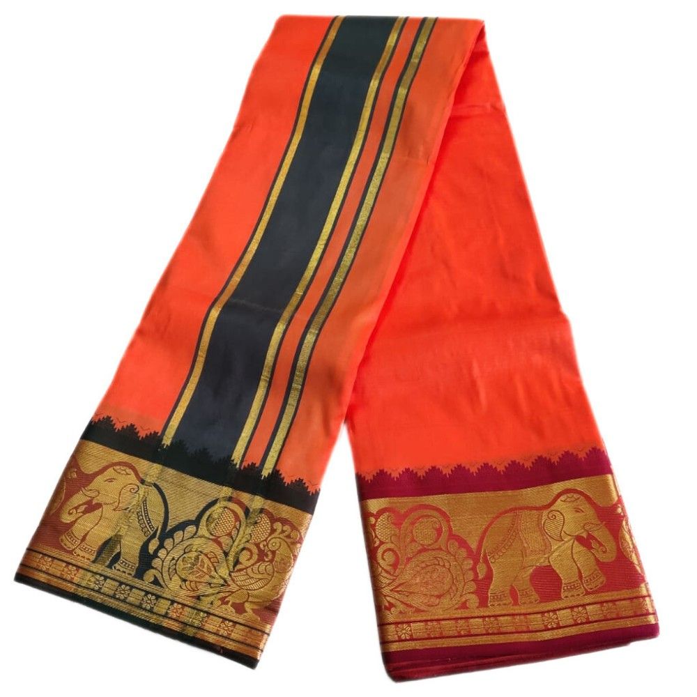 Orange Color Premium Karishma Soft Silk 6 Inch Border Dhoti - Image 2